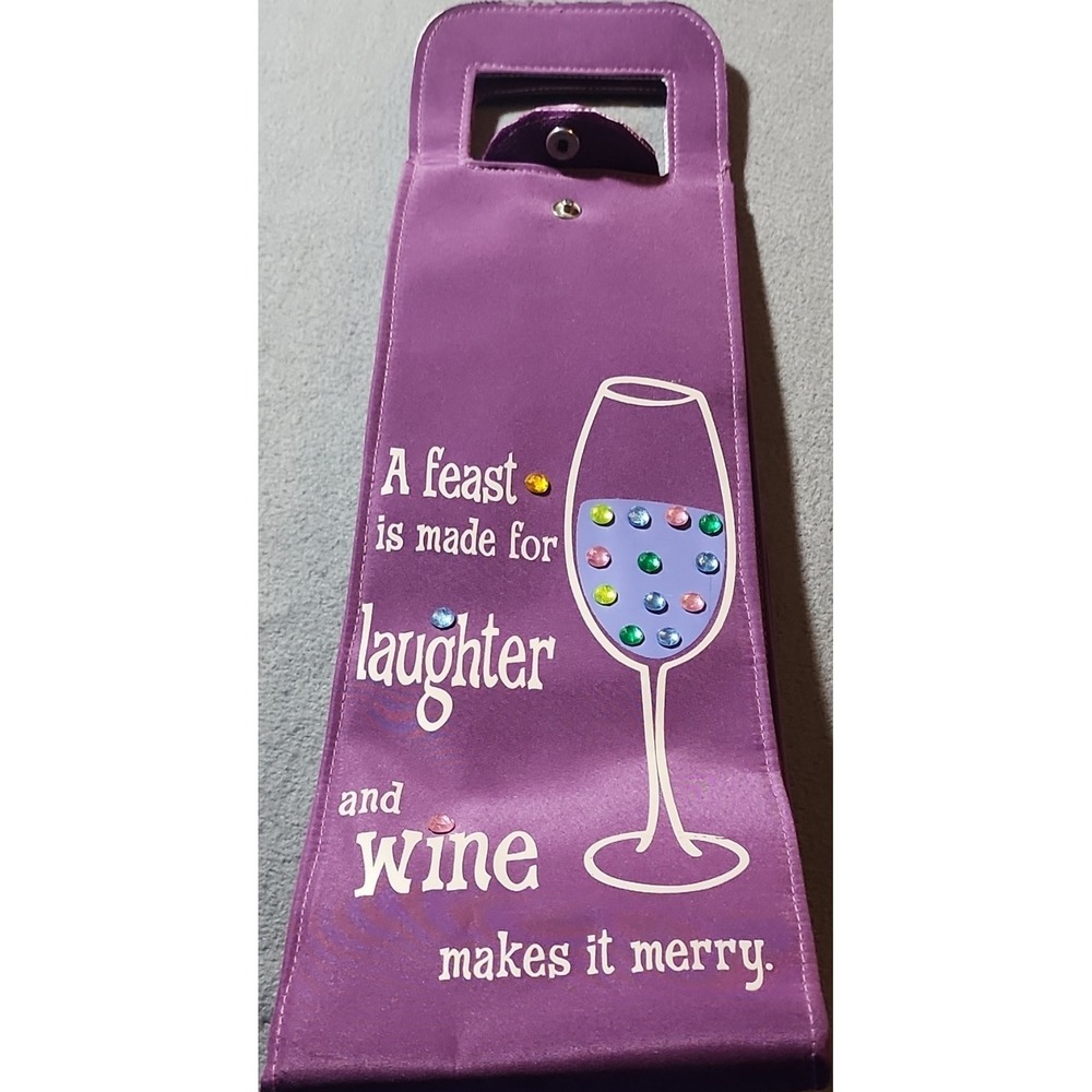 Purple Fabric Wine Bag with Handle, Snap Closure, Wine Glass Gems Pattern